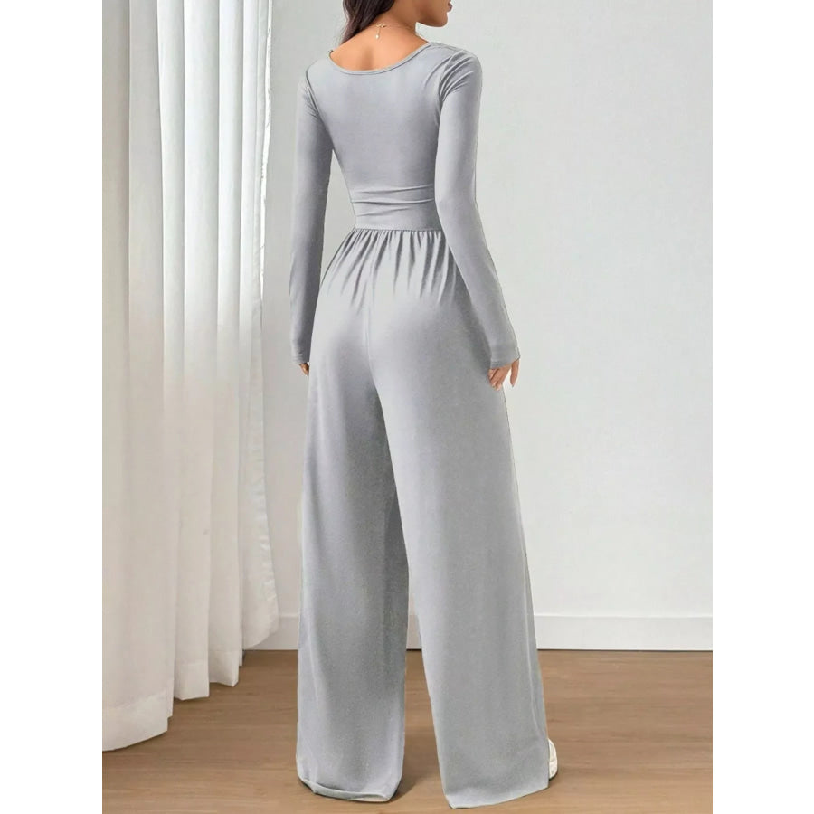 Ruched Square Neck Wide-Leg Jumpsuit Apparel and Accessories