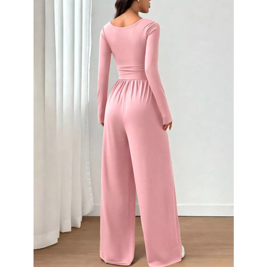 Ruched Square Neck Wide-Leg Jumpsuit Apparel and Accessories