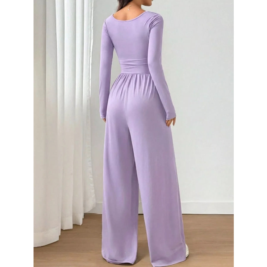 Ruched Square Neck Wide-Leg Jumpsuit Apparel and Accessories