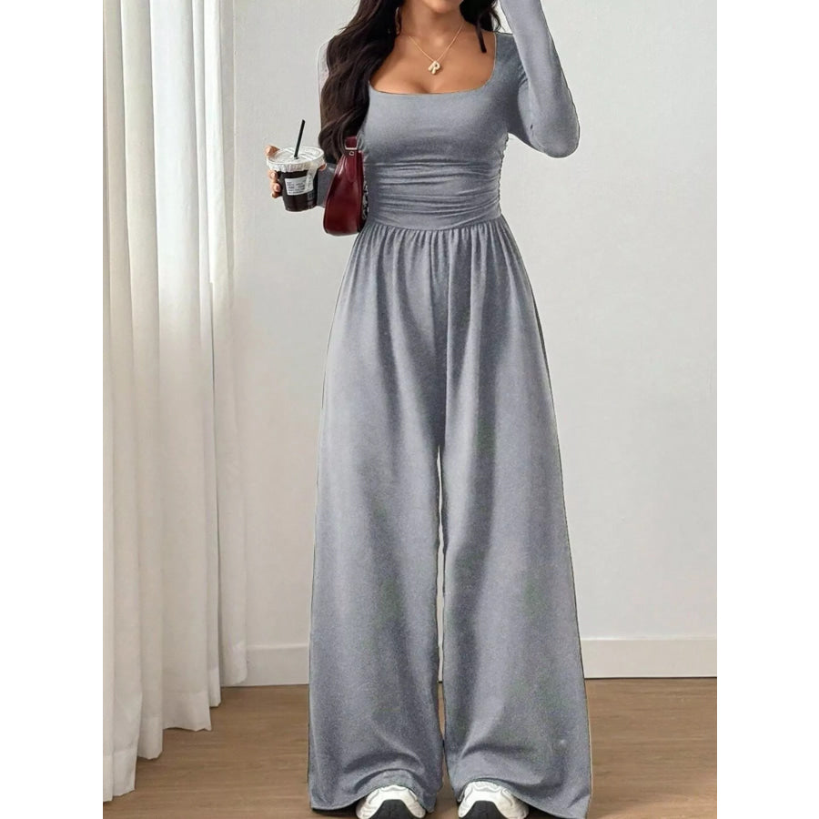 Ruched Square Neck Wide-Leg Jumpsuit Apparel and Accessories
