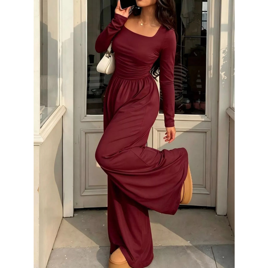 Ruched Square Neck Wide-Leg Jumpsuit Apparel and Accessories
