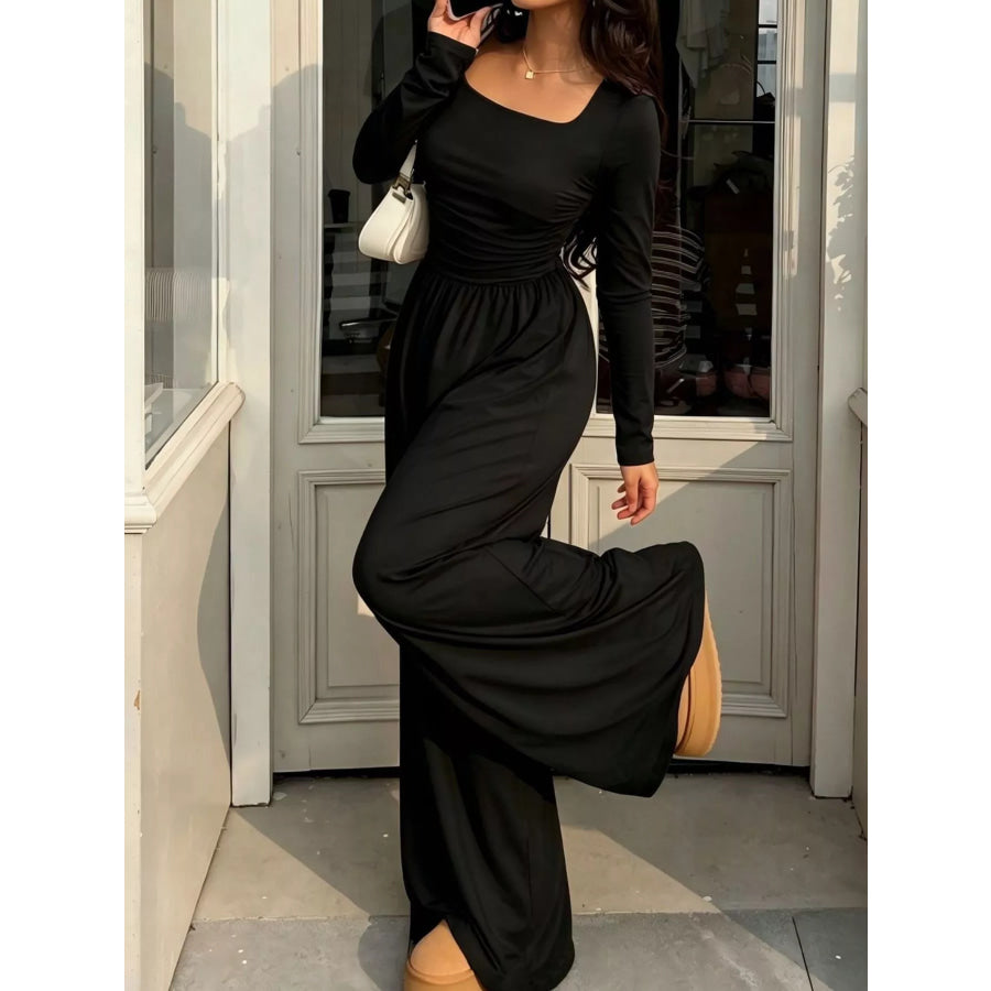 Ruched Square Neck Wide-Leg Jumpsuit Apparel and Accessories