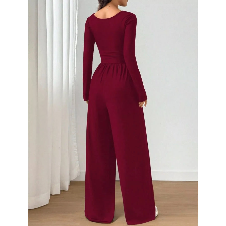Ruched Square Neck Wide-Leg Jumpsuit Apparel and Accessories
