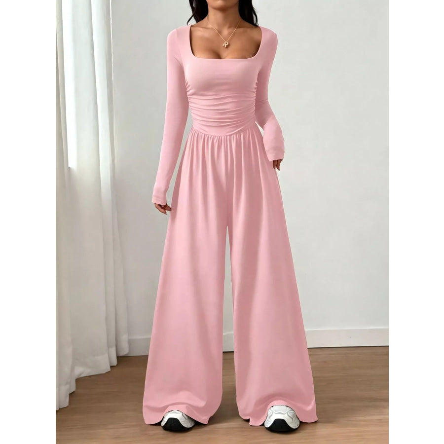 Ruched Square Neck Wide-Leg Jumpsuit Apparel and Accessories