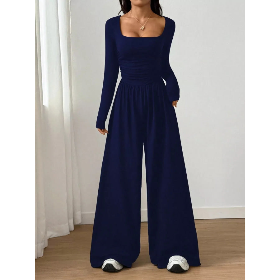 Ruched Square Neck Wide-Leg Jumpsuit Apparel and Accessories