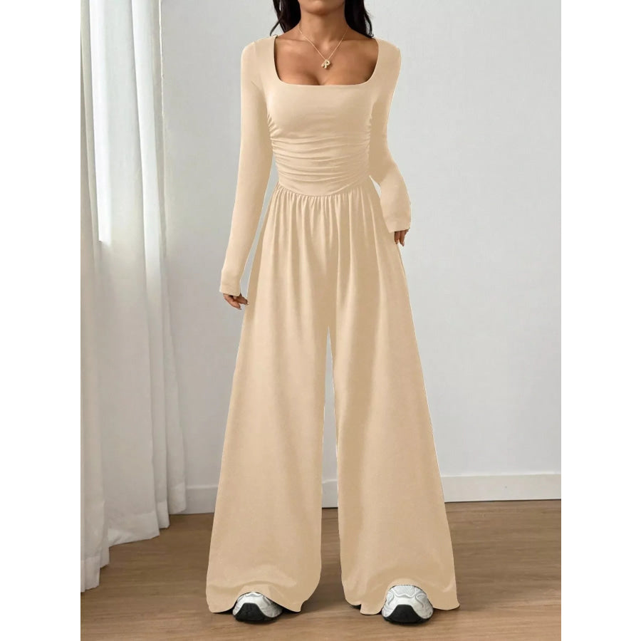 Ruched Square Neck Wide-Leg Jumpsuit Apricot / S Apparel and Accessories