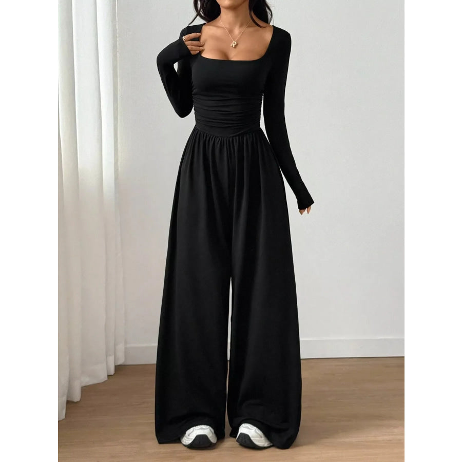 Ruched Square Neck Wide-Leg Jumpsuit Black / S Apparel and Accessories