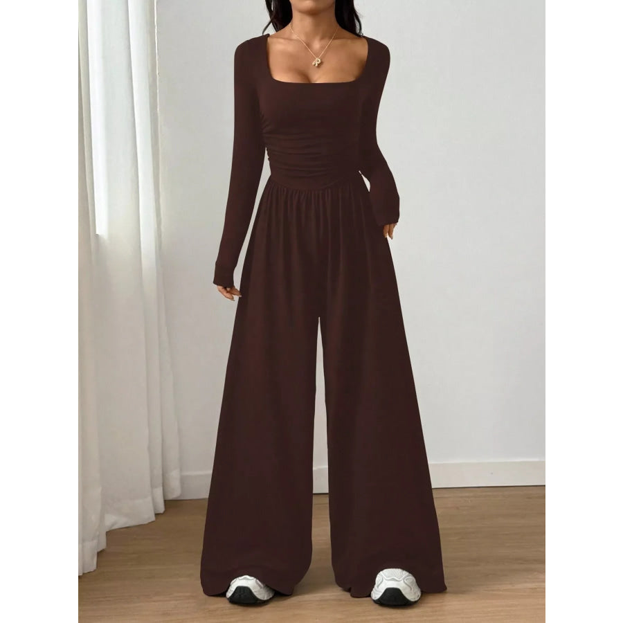 Ruched Square Neck Wide-Leg Jumpsuit Brown / S Apparel and Accessories