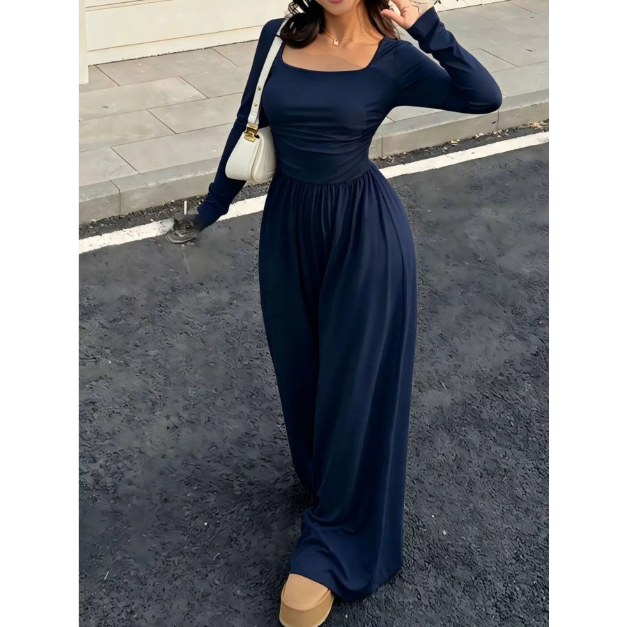 Ruched Square Neck Wide-Leg Jumpsuit Dark Blue / S Apparel and Accessories