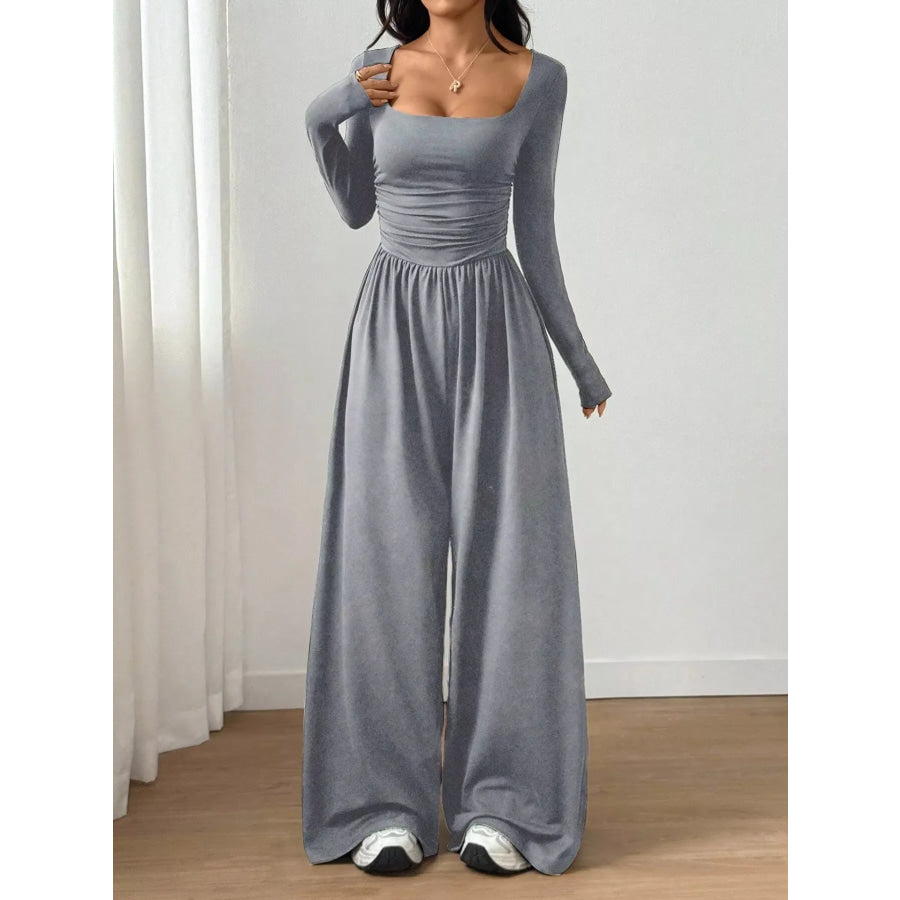 Ruched Square Neck Wide-Leg Jumpsuit Dark Gray / S Apparel and Accessories