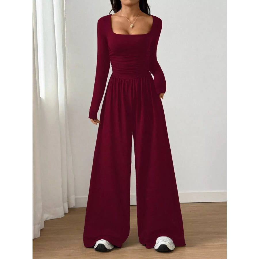 Ruched Square Neck Wide-Leg Jumpsuit Deep Red / S Apparel and Accessories