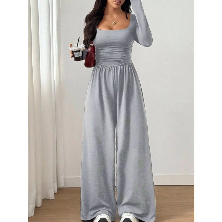 Ruched Square Neck Wide-Leg Jumpsuit Light Gray / S Apparel and Accessories