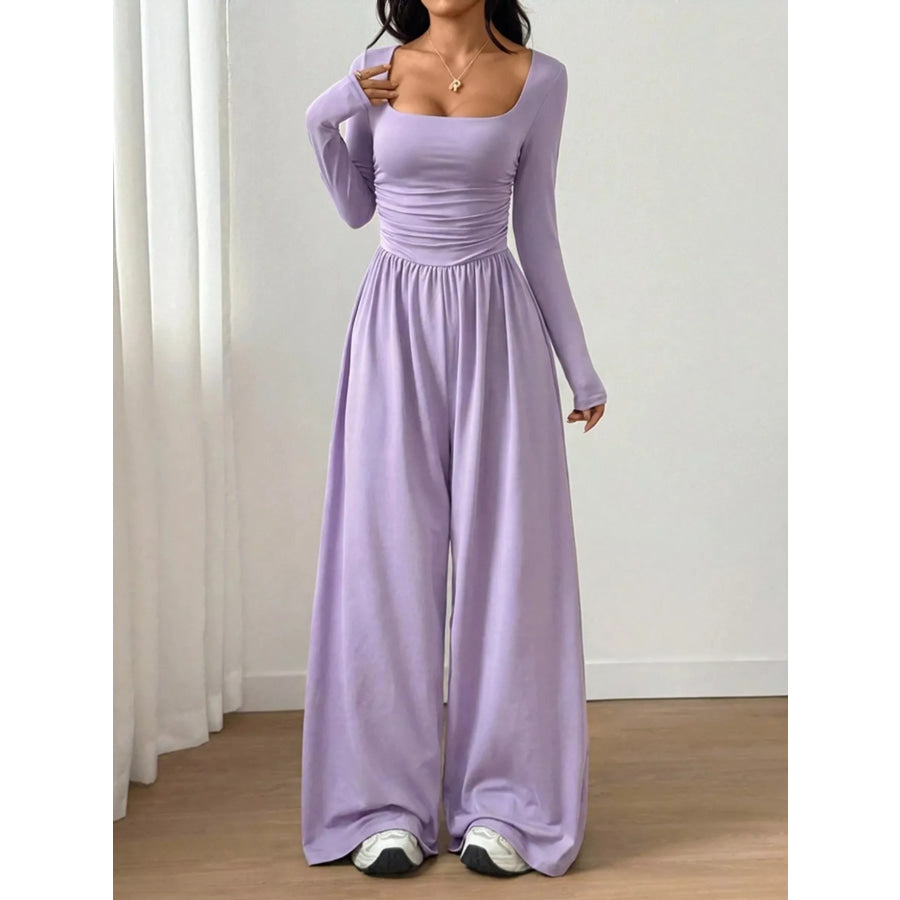 Ruched Square Neck Wide-Leg Jumpsuit Light Purple / S Apparel and Accessories
