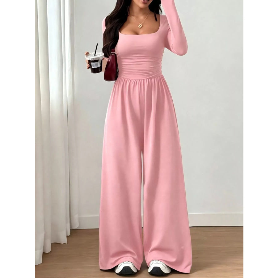 Ruched Square Neck Wide-Leg Jumpsuit Pink / S Apparel and Accessories