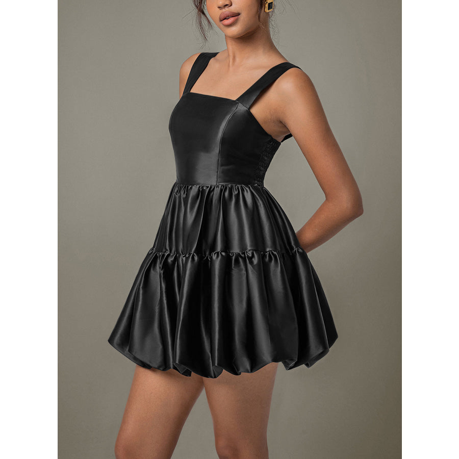 Ruched Square Neck Wide Strap Mini Dress Black / S Apparel and Accessories