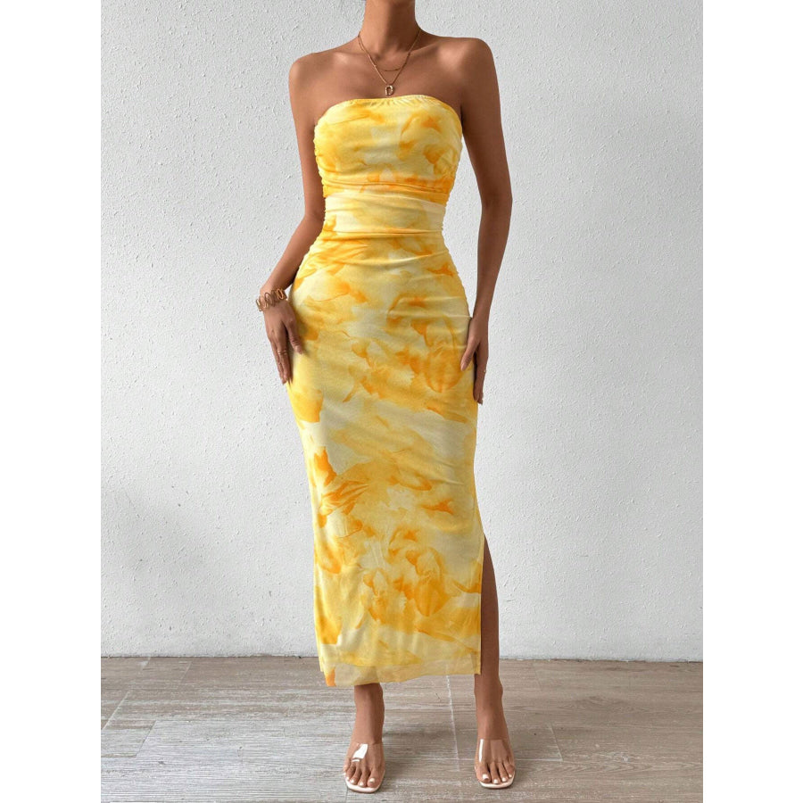 Ruched Strapless Bodycon Midi Dress Yellow / S Apparel and Accessories