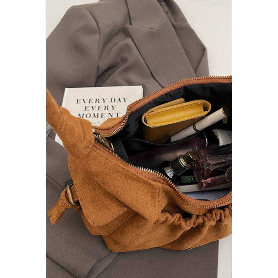 Ruched Suede Handbag with Zipper Apparel and Accessories