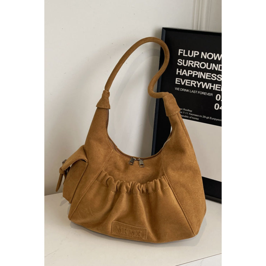 Ruched Suede Handbag with Zipper Caramel / One Size Apparel and Accessories