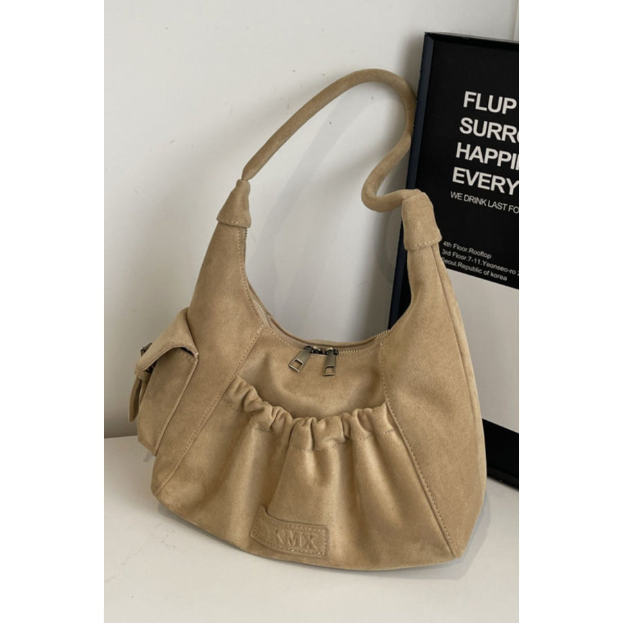 Ruched Suede Handbag with Zipper Khaki / One Size Apparel and Accessories