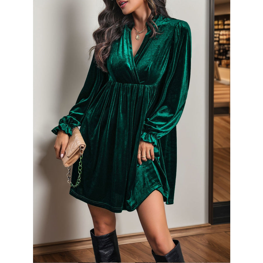 Ruched Surplice Flounce Sleeve Mini Dress Apparel and Accessories