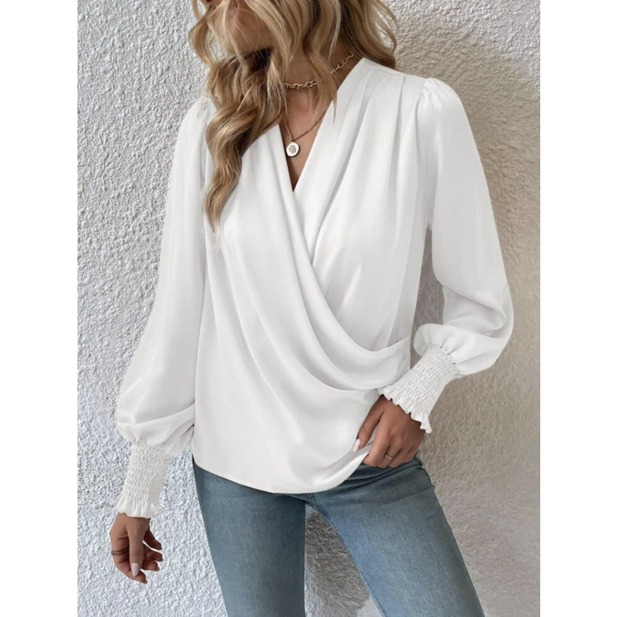 Ruched Surplice Long Sleeve Blouse White / S Apparel and Accessories
