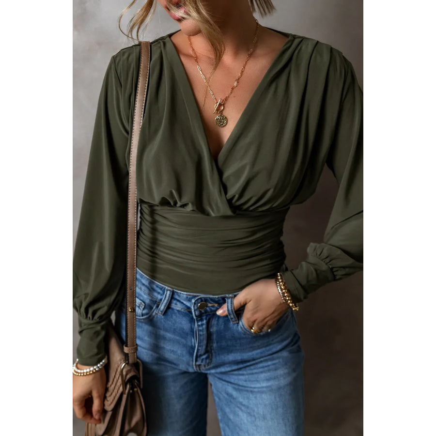 Ruched Surplice Long Sleeve Bodysuit Apparel and Accessories