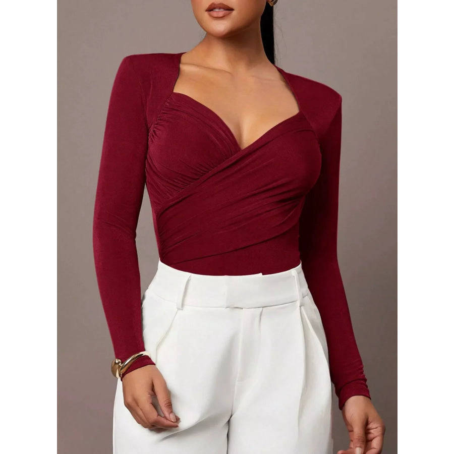 Ruched Surplice Long Sleeve Bodysuit Burgundy / S Apparel and Accessories