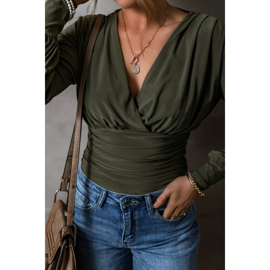 Ruched Surplice Long Sleeve Bodysuit Army Green / S Apparel and Accessories