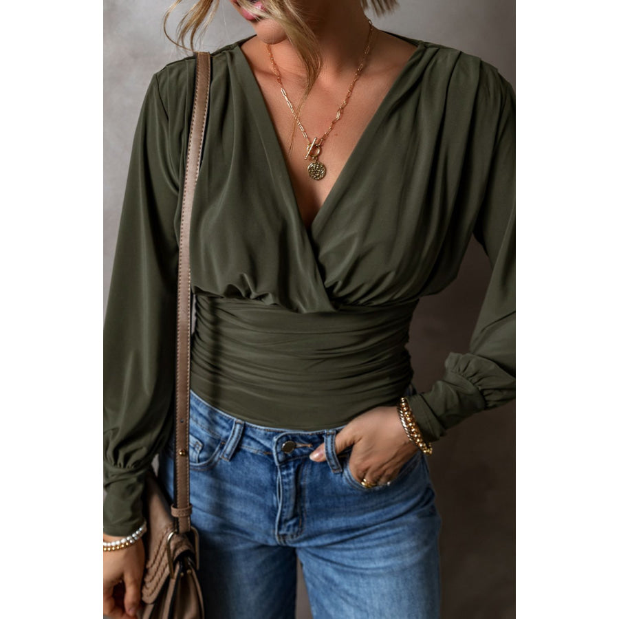 Ruched Surplice Long Sleeve Bodysuit Army Green / S Apparel and Accessories