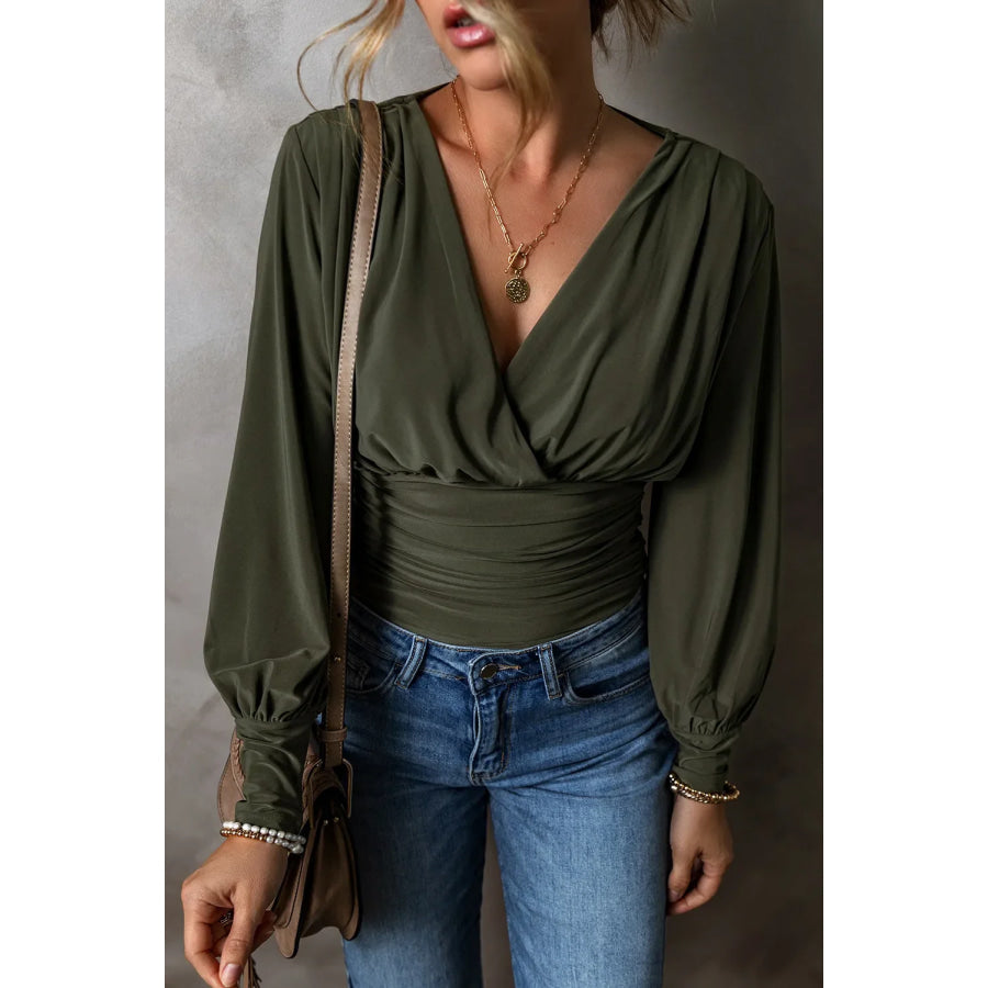 Ruched Surplice Long Sleeve Bodysuit Army Green / S Apparel and Accessories