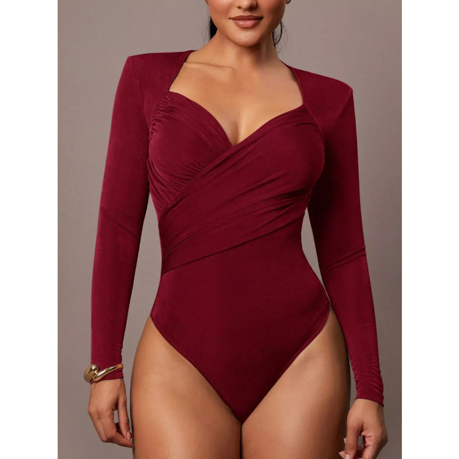 Ruched Surplice Long Sleeve Bodysuit Burgundy / S Apparel and Accessories