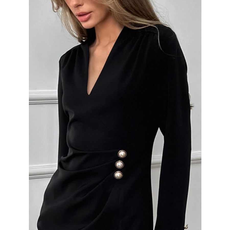 Ruched Surplice Long Sleeve Dress Apparel and Accessories