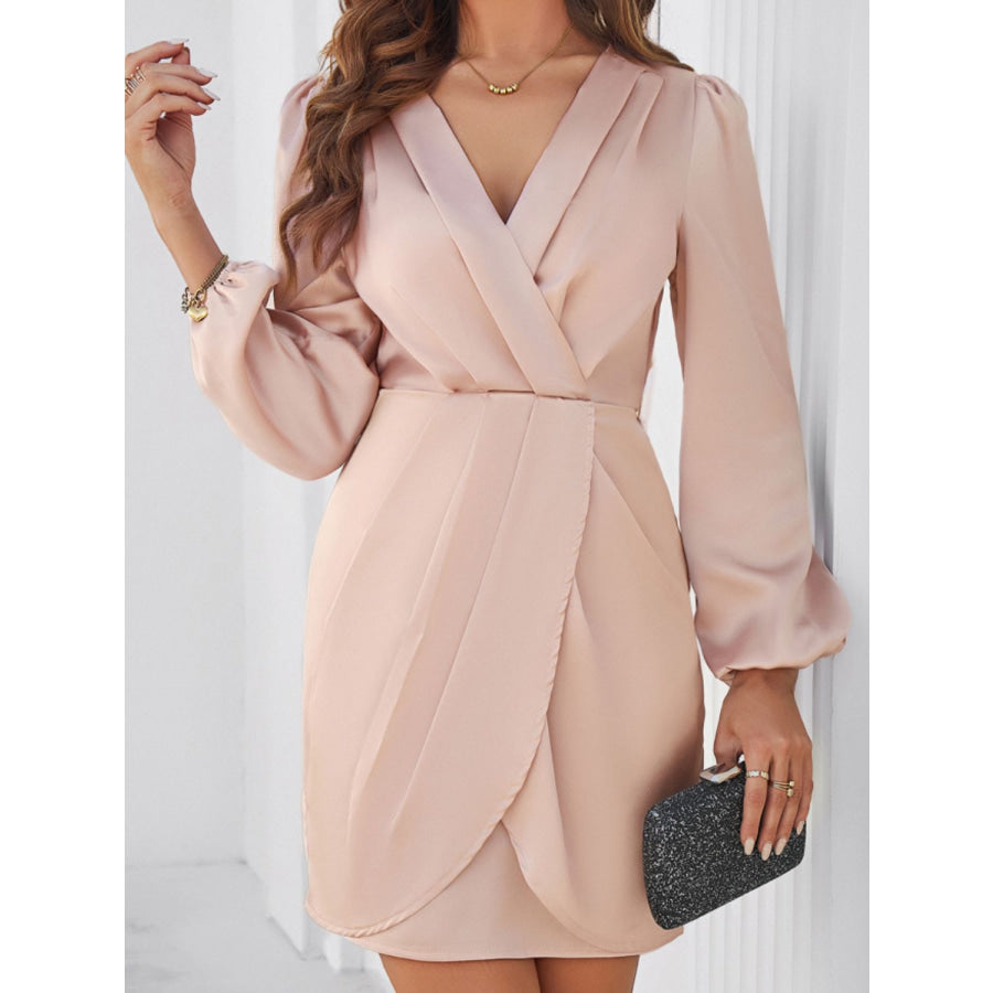 Ruched Surplice Long Sleeve Mini Dress Apricot / S Apparel and Accessories