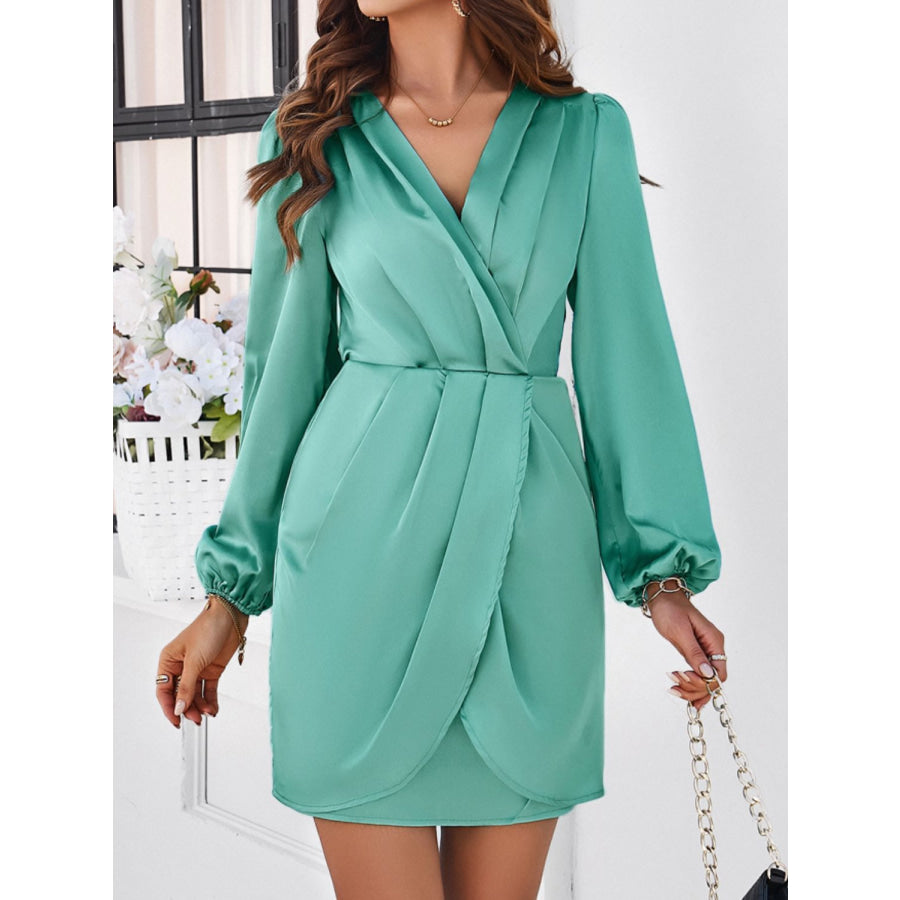 Ruched Surplice Long Sleeve Mini Dress Gum Leaf / S Apparel and Accessories