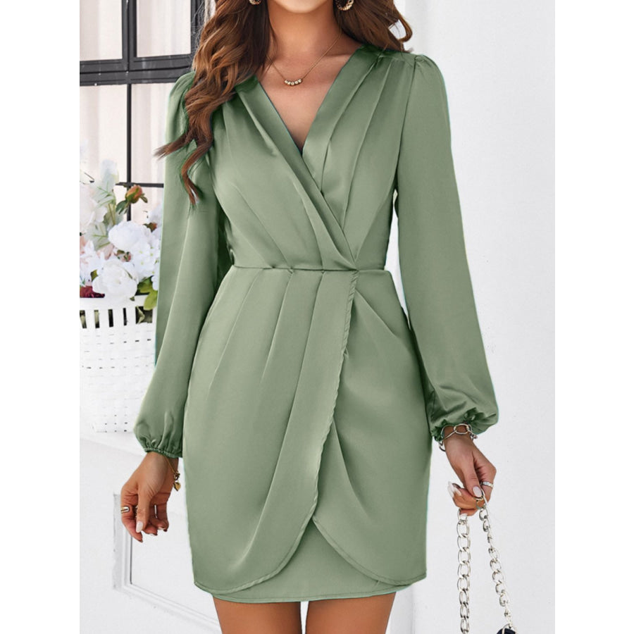 Ruched Surplice Long Sleeve Mini Dress Sage / S Apparel and Accessories