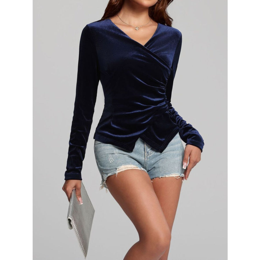 Ruched Surplice Long Sleeve Top Apparel and Accessories