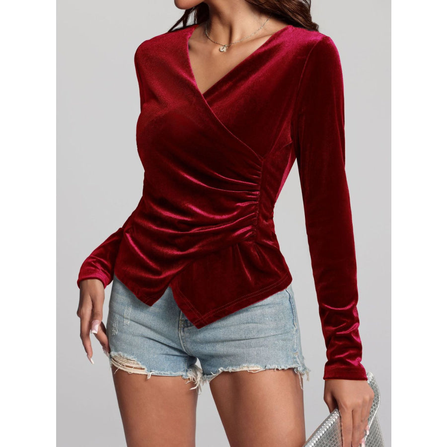 Ruched Surplice Long Sleeve Top Apparel and Accessories