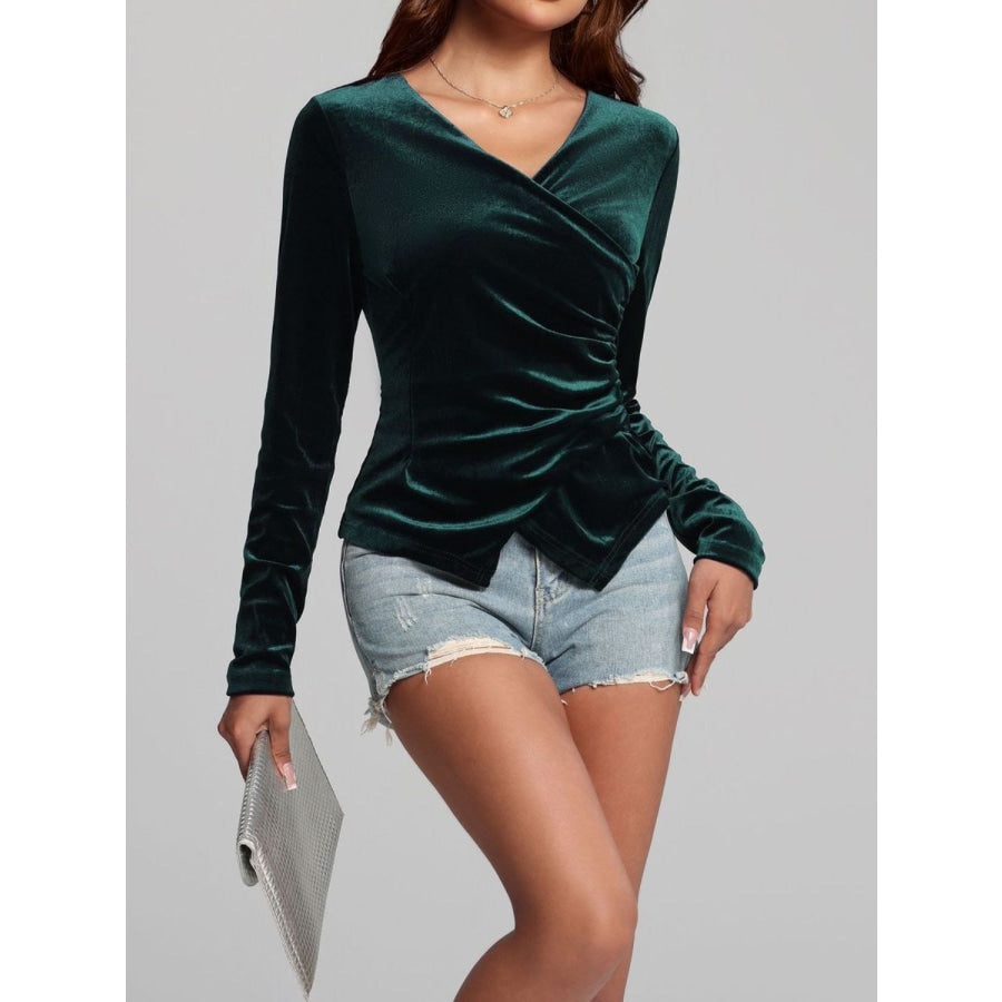 Ruched Surplice Long Sleeve Top Apparel and Accessories