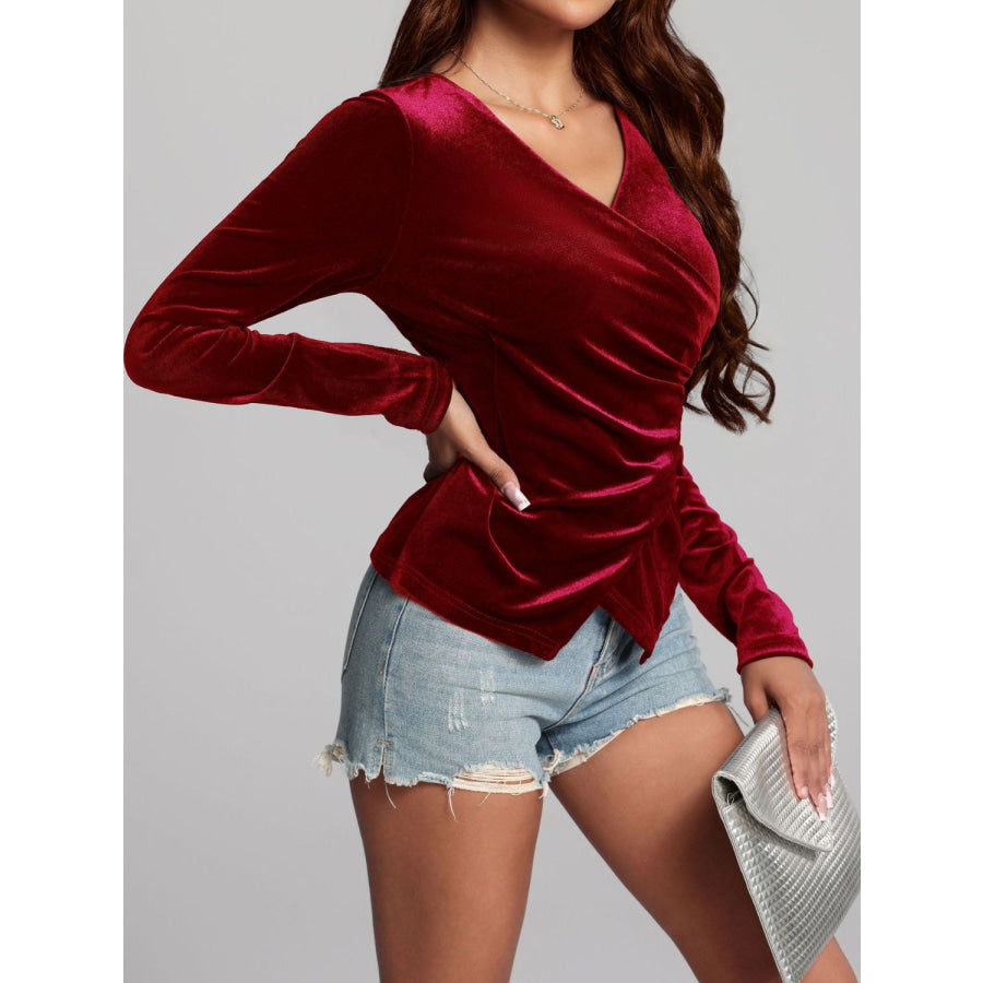 Ruched Surplice Long Sleeve Top Apparel and Accessories