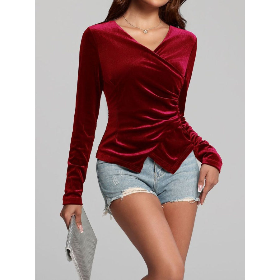 Ruched Surplice Long Sleeve Top Apparel and Accessories