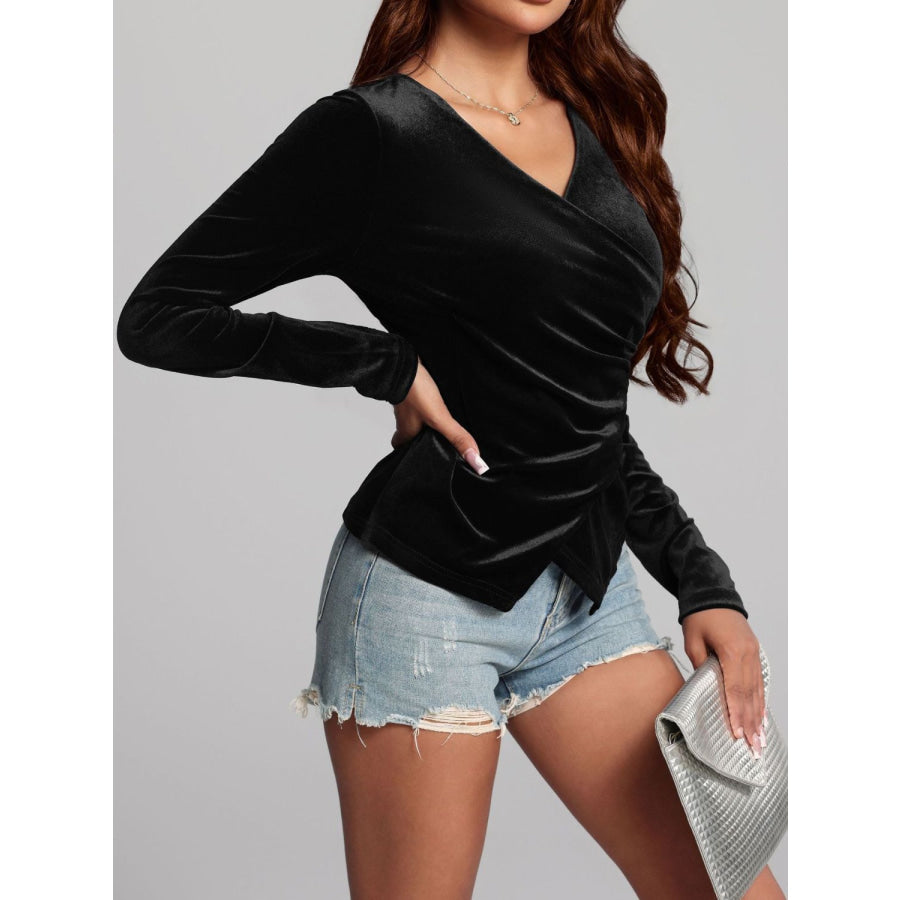 Ruched Surplice Long Sleeve Top Apparel and Accessories