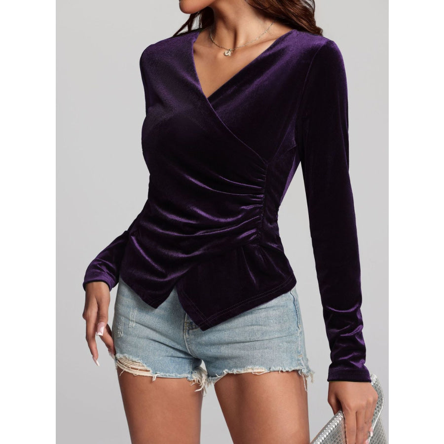 Ruched Surplice Long Sleeve Top Apparel and Accessories