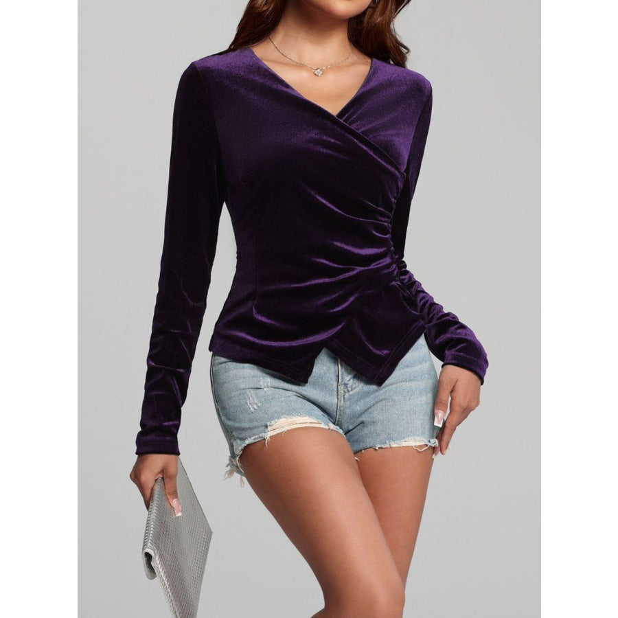 Ruched Surplice Long Sleeve Top Apparel and Accessories