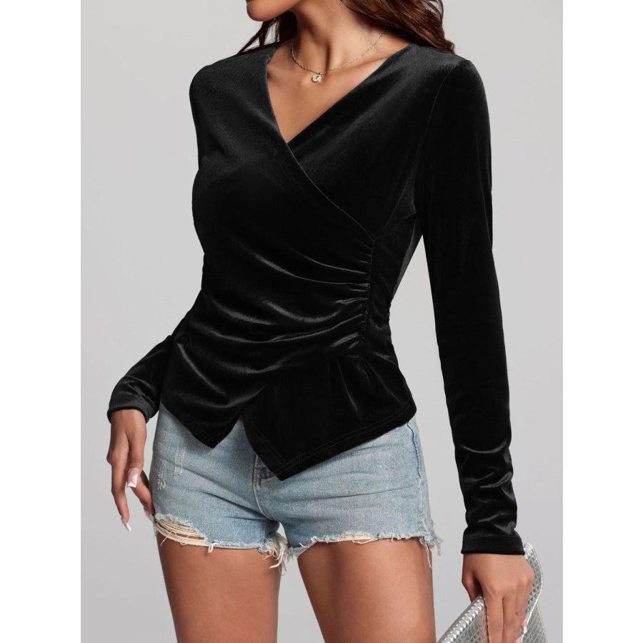 Ruched Surplice Long Sleeve Top Apparel and Accessories