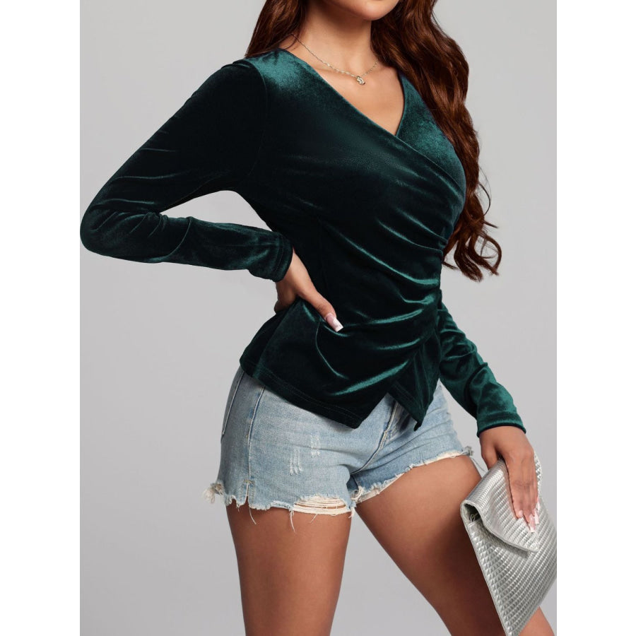 Ruched Surplice Long Sleeve Top Apparel and Accessories