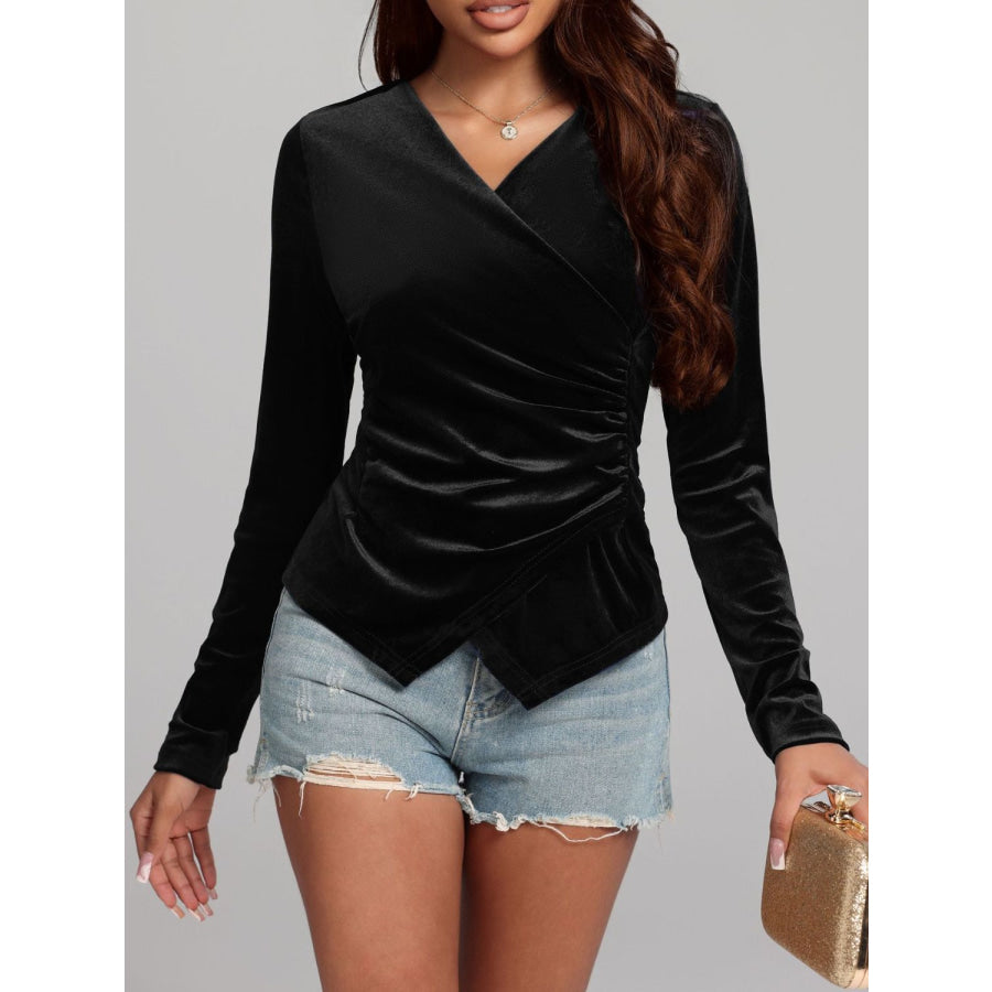 Ruched Surplice Long Sleeve Top Black / S Apparel and Accessories