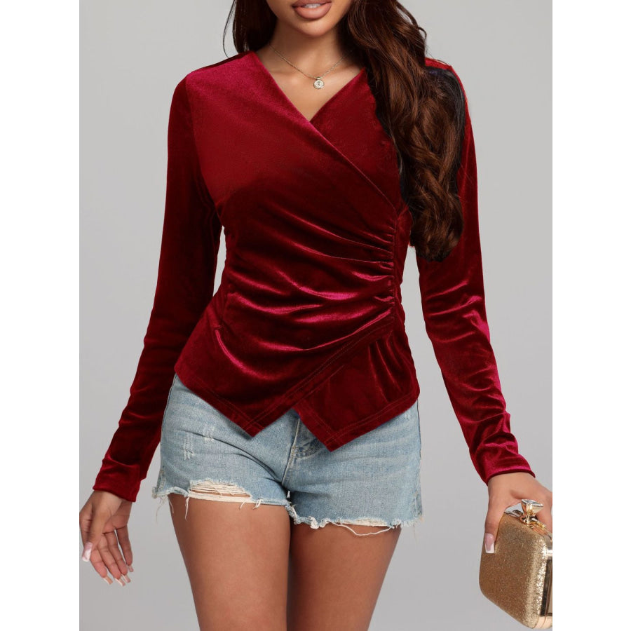 Ruched Surplice Long Sleeve Top Burgundy / S Apparel and Accessories