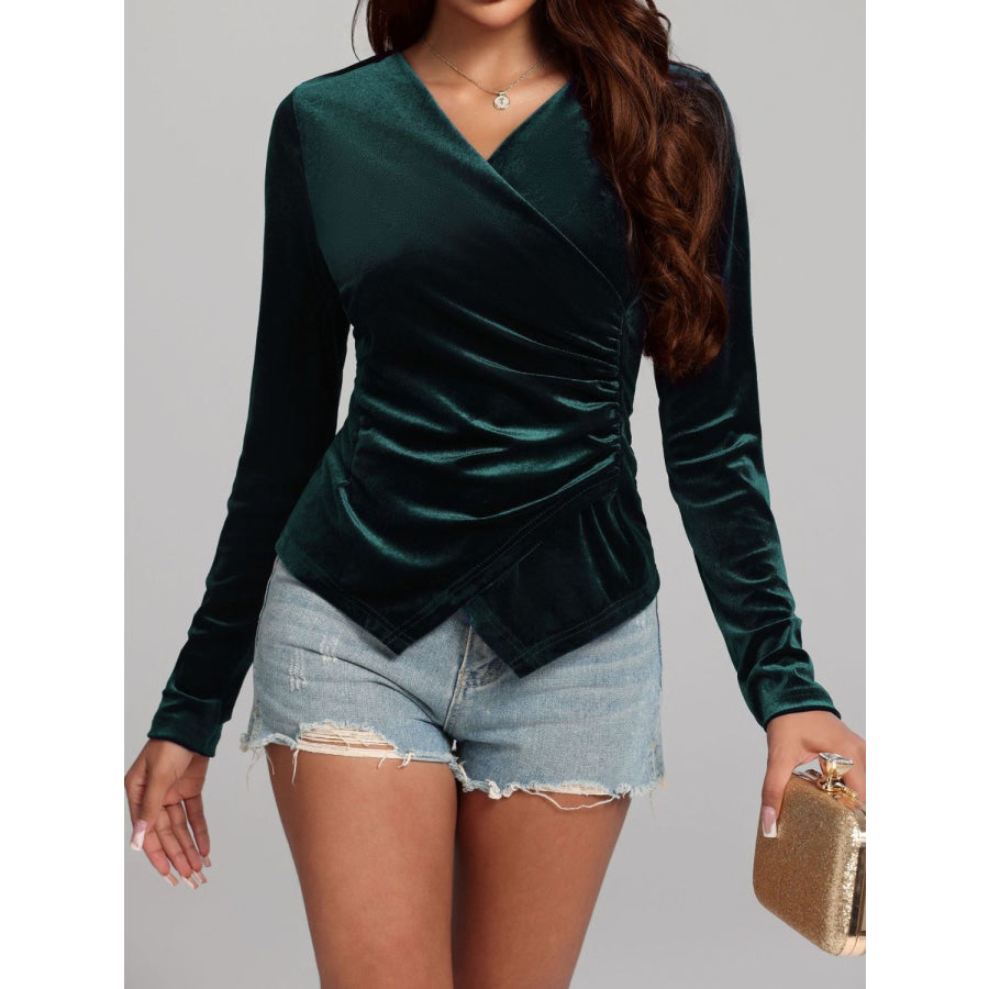 Ruched Surplice Long Sleeve Top Deep Teal / S Apparel and Accessories