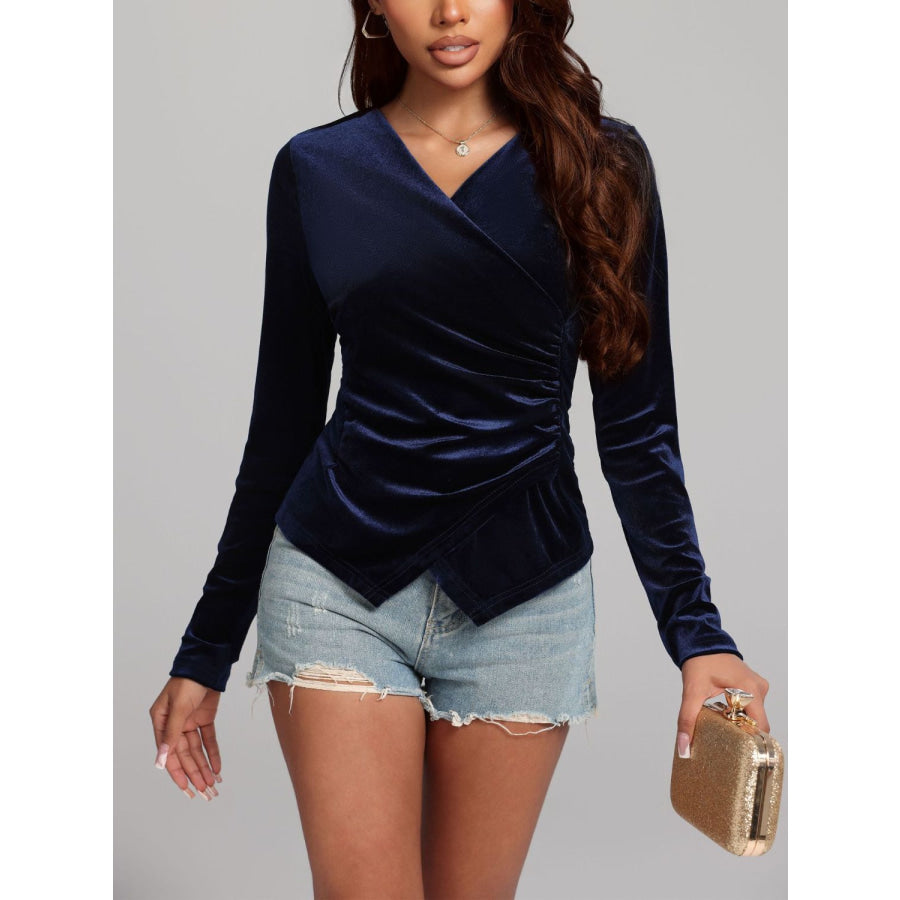 Ruched Surplice Long Sleeve Top Navy / S Apparel and Accessories