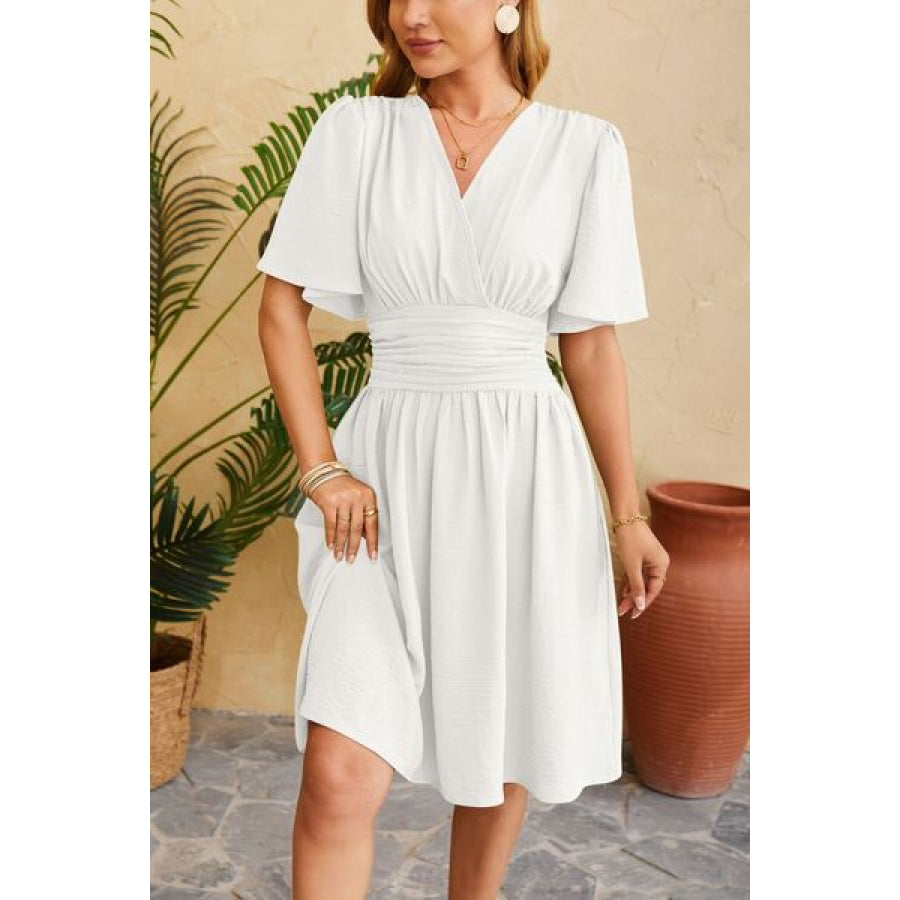 Ruched Surplice Short Sleeve Dress Apparel and Accessories